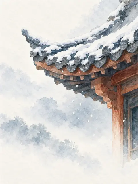 冬雪青檐水彩小景