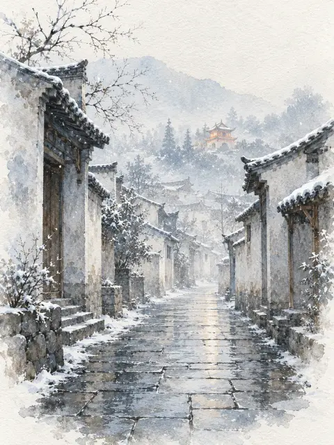 淡彩古城雪巷与暖阁