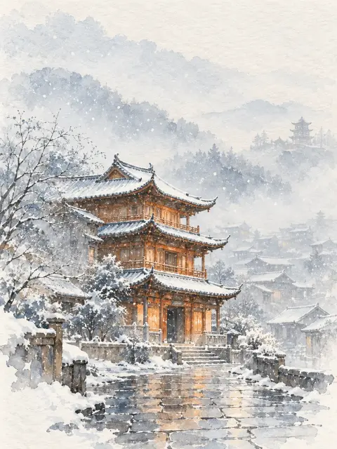 雪映古城暖阁水彩小景