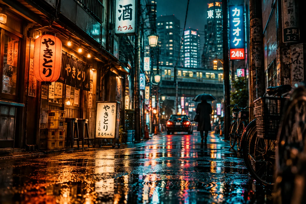 雨后东京小巷霓虹夜景