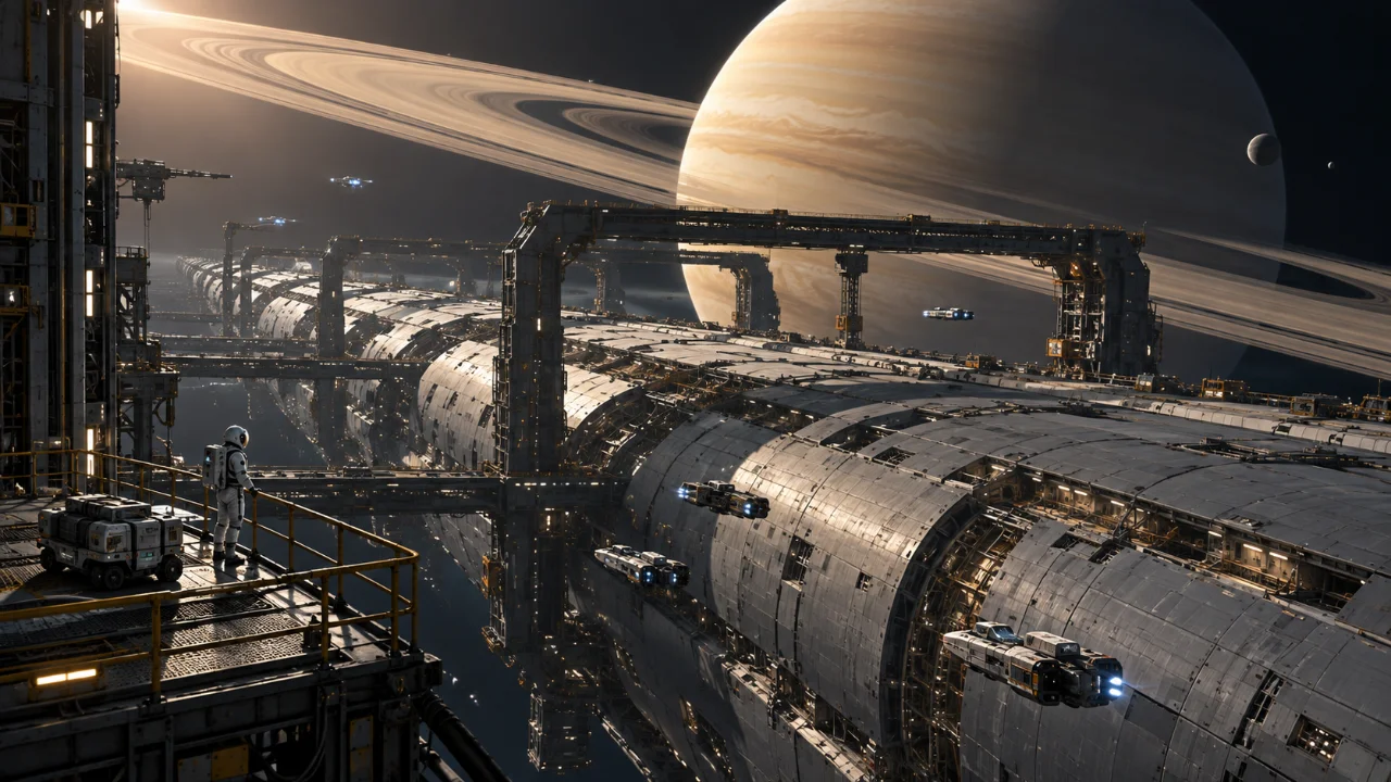 土星轨道巨型造船厂科幻场景