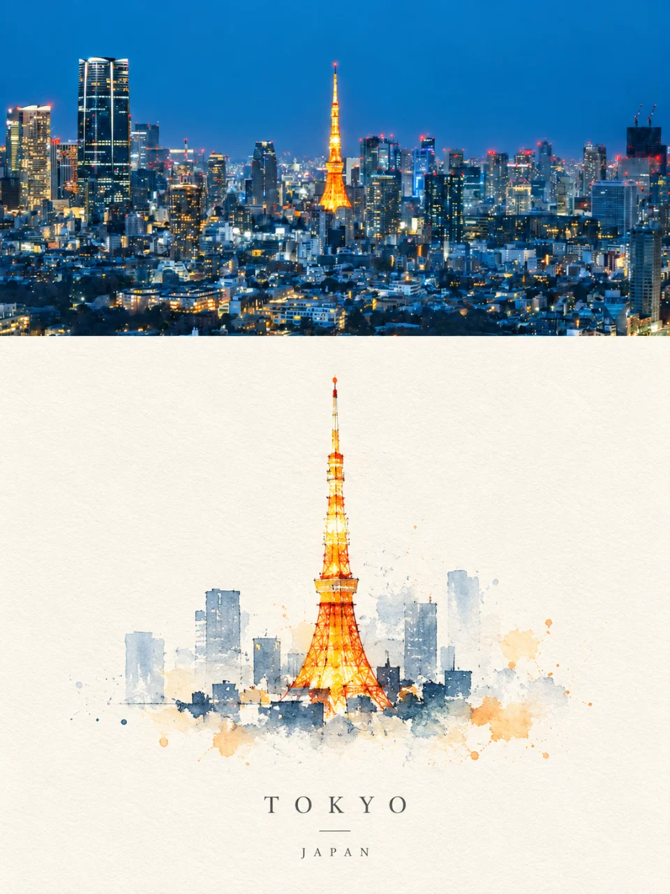 东京塔夜色与水彩留白