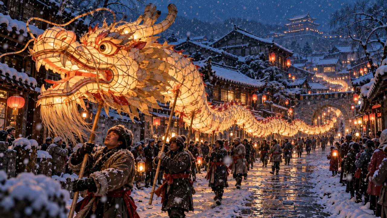 蓝调雪夜里的纸灯龙巡游
