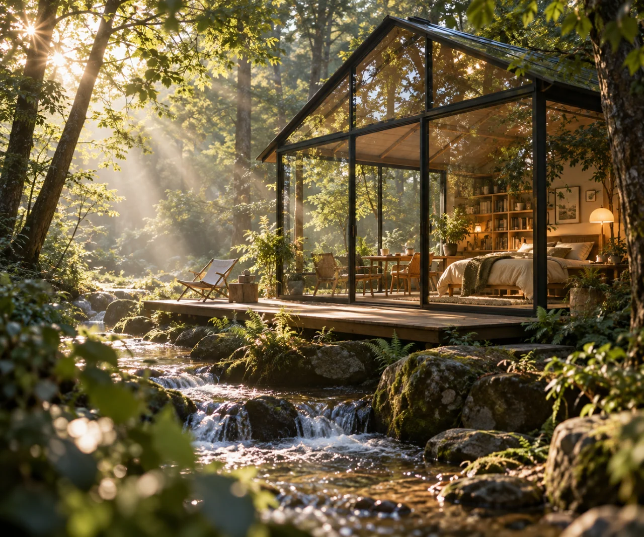 森林玻璃小屋晨光场景