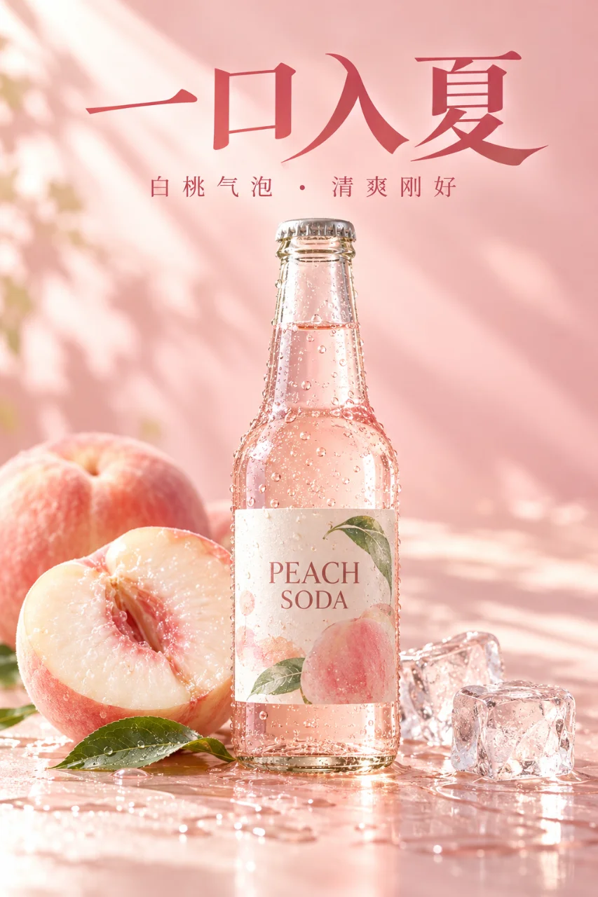 浅桃粉背景的白桃汽水海报,包含一口入夏标题、玻璃瓶、白桃和冰块